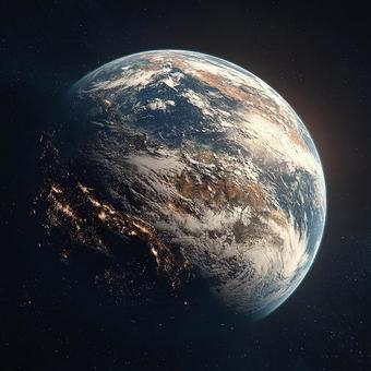輝く太陽の光を浴びる青い惑星 輝く太陽の光を浴びる青い惑星の写真