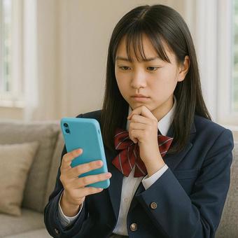 スマホを見て悩む女子高生 スマホを見て悩む女子高生の写真