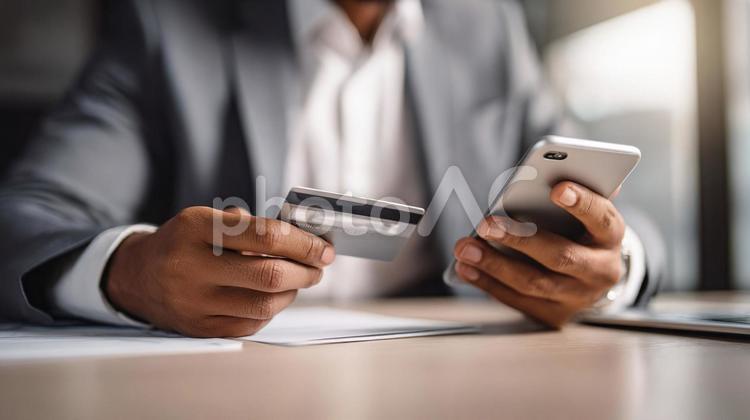 カードとスマホを持つビジネスマン02 ビジネスマン,男性,クレジットカードの写真素材