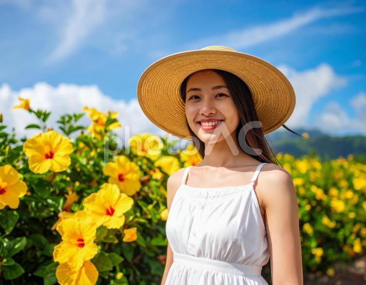 夏旅の彼女・夏空と黄色いハイビスカス 女性,ハイビスカス,黄色の写真素材