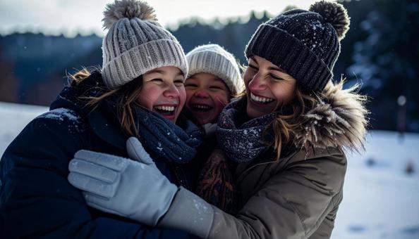 冬の風景、楽しそうな家族の写真