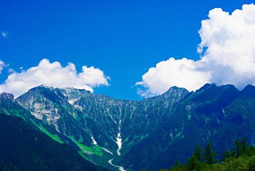 上高地の山並みと青い空の写真