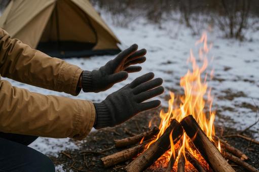 冬キャンプの焚き火と手袋 冬キャンプの焚き火と手袋の写真