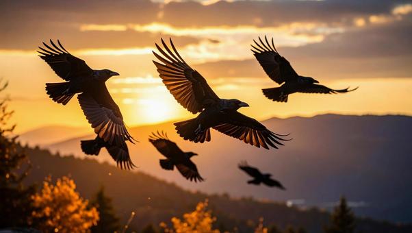カラス_飛ぶ_夕焼け1 カラス_飛ぶ_夕焼け1の写真