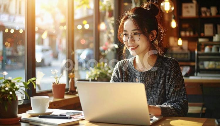 カフェで仕事をするフリーランス女性 女性,コワーキングスペース,コワーキングの写真素材