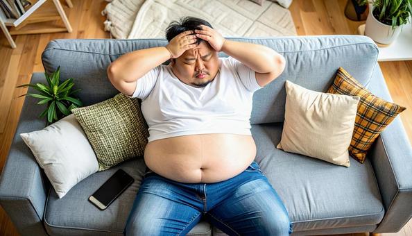 肥満で疲れやすく、額に手をやる男性 肥満で疲れやすく、額に手をやる男性の写真