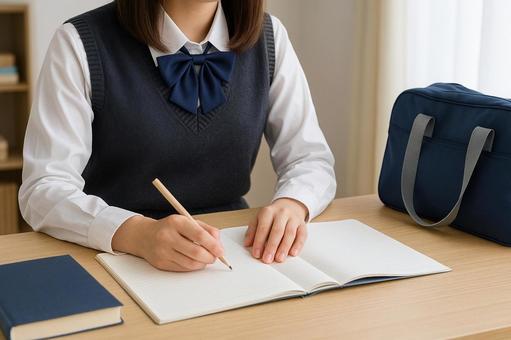 自宅で勉強する女子高生 自宅で勉強する女子高生の写真
