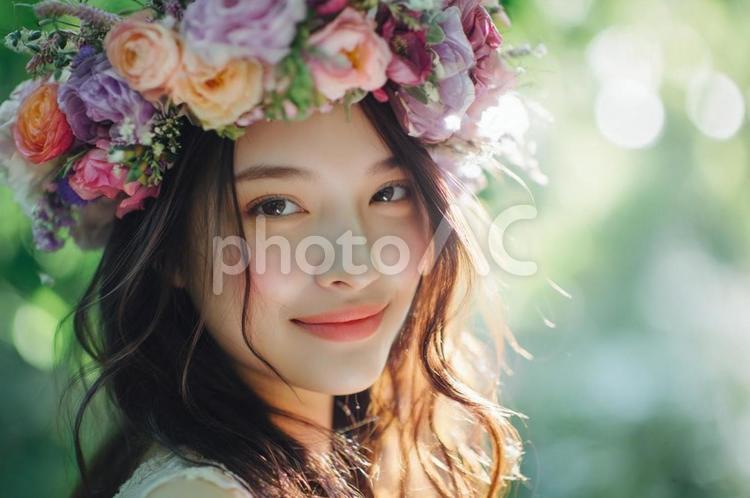 光に包まれてほほえむ花冠の美しい女性 花冠,女性,ほほえみの写真素材