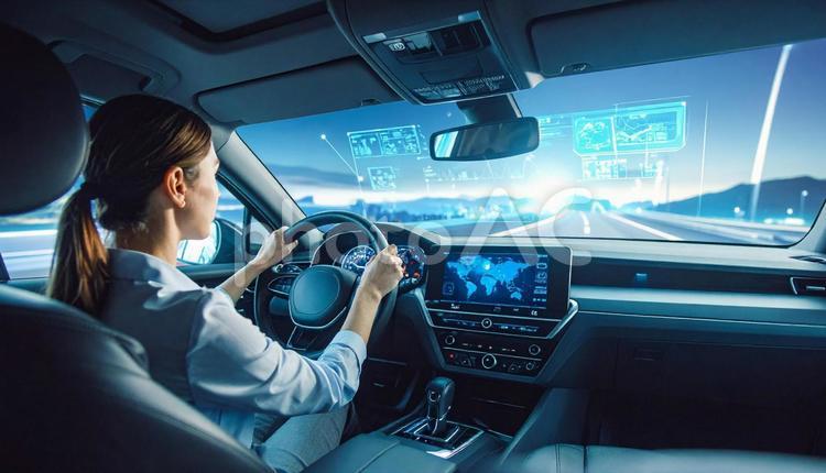 車内でホログラムのナビを見る女性 ホログラム,ナビゲーション,車内の写真素材