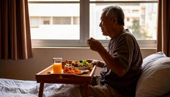 端座位で食事をするシニア男性の患者 端座位で食事をするシニア男性の患者の写真