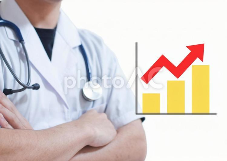 腕組みする白衣の男性とグラフ 医者,医師,聴診器の写真素材