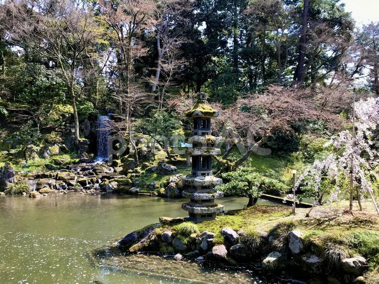 石塔と滝のある日本庭園の池 日本庭園,滝,石塔の写真素材