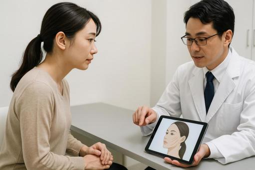 医師に説明を受ける女性患者 医師に説明を受ける女性患者の写真