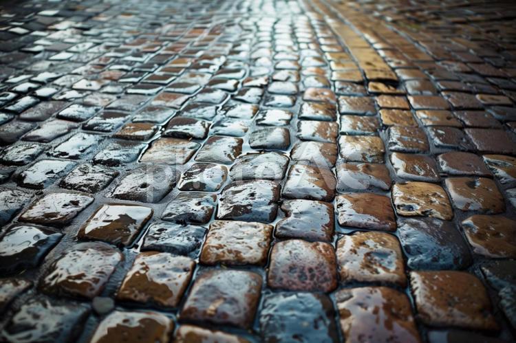 雨上がりに濡れた石畳の質感 石畳,濡れた道,雨上がりの写真素材