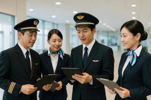 出発前に打ち合わせをする乗務員たち 出発前に打ち合わせをする乗務員たちの写真