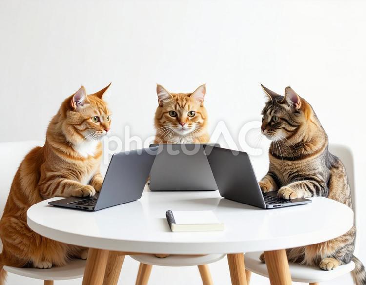 猫会議 猫,pc,パソコンの写真素材