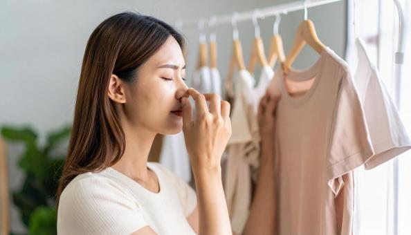 洗濯ものの生乾きの臭いに悩む女性 洗濯ものの生乾きの臭いに悩む女性の写真