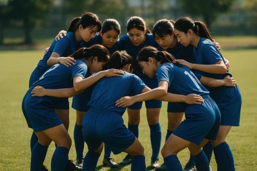 試合前に円陣を組む女子チーム 試合前に円陣を組む女子チームの写真