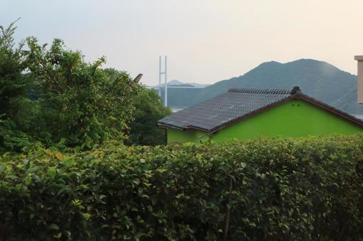 緑の家と吊り橋の見える風景 風景,景色,自然の写真素材