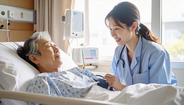 患者の血圧を測る看護師 患者の血圧を測る看護師の写真