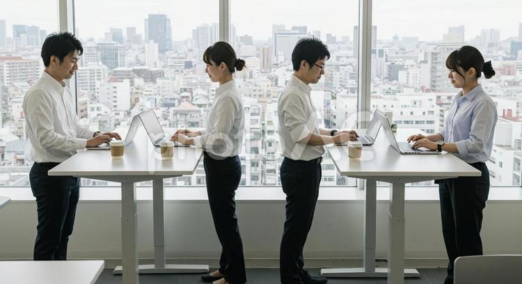 スタンディングデスクを使う若手社員 オフィス,インテリア,会社の写真素材