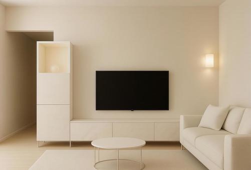 ホワイトインテリアのシンプルなリビングの写真