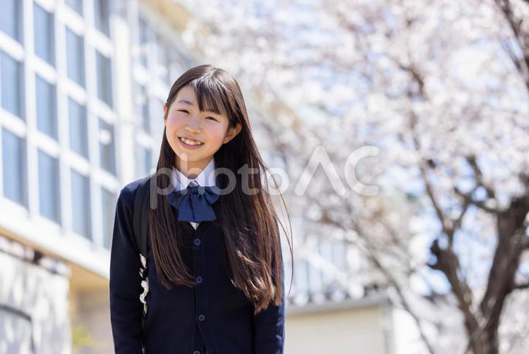 春の校舎と笑顔の学生 女子学生,学生,制服の写真素材