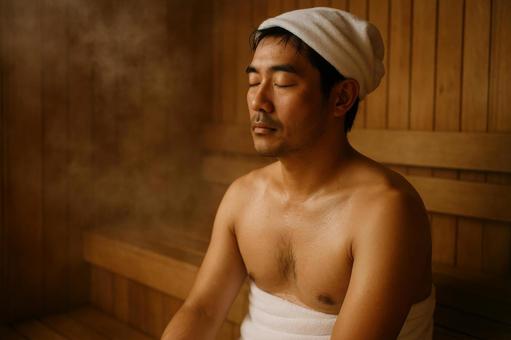 サウナで目を閉じる男性 サウナで目を閉じる男性の写真