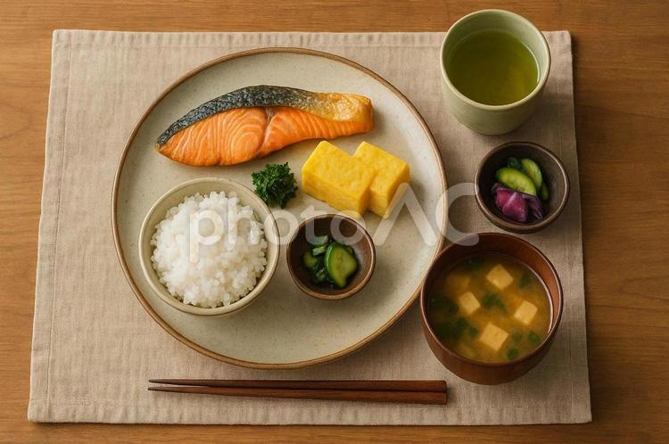 朝食プレート(和風・木製テーブル) モーニングプレート,朝食,カフェ風の写真素材