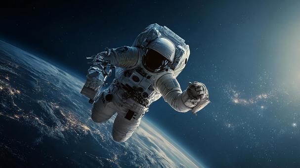 地球を眺める宇宙飛行士のワイドショット 地球を眺める宇宙飛行士のワイドショットの写真