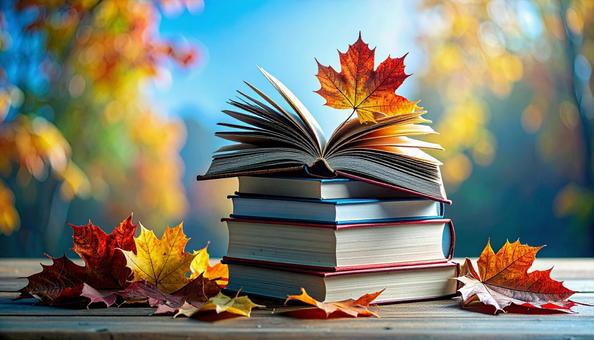 読書の秋 机の上の本 落ち葉の紅葉 読書の秋 机の上の本 落ち葉の紅葉の写真