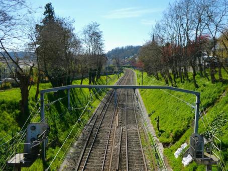 まっすぐに伸びる線路 初秋,道,木道の写真素材