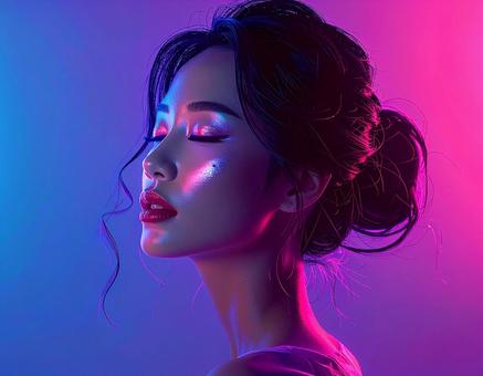 ネオンに包まれて輝く女性の横顔 ネオンに包まれて輝く女性の横顔の写真