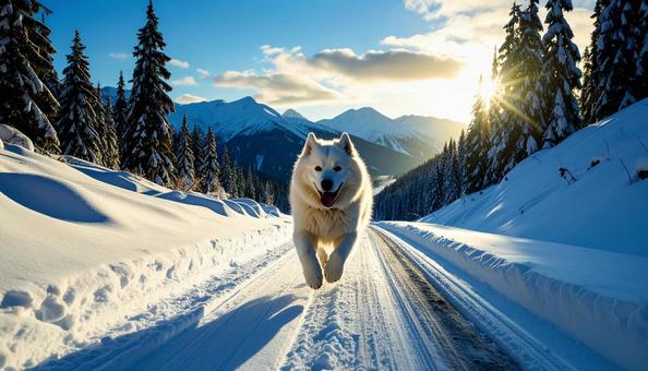 雪道を走ってくるサモエド 雪道を走ってくるサモエドの写真