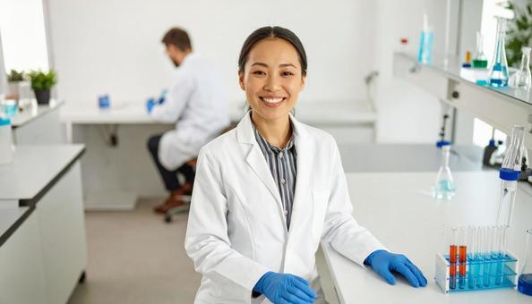 研究所で実験をする女性の研究者 研究所で実験をする女性の研究者の写真
