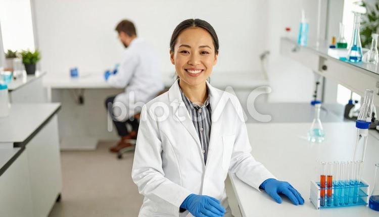 研究所で実験をする女性の研究者 顕微鏡,試薬,フラスコの写真素材