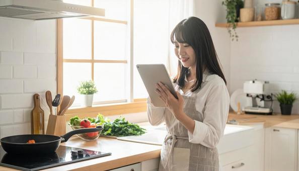 レシピを見ながら料理する日本人の若い女性 レシピを見ながら料理する日本人の若い女性の写真