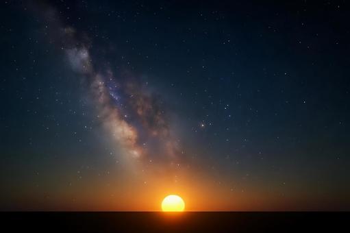 星空と夕日の海景 星空と夕日の海景の写真