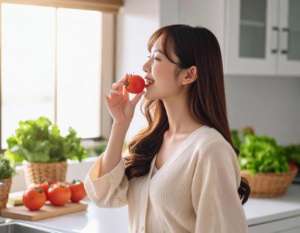 彼女のおすすめ夏野菜トマト・キッチンにて 彼女のおすすめ夏野菜トマト・キッチンにての写真