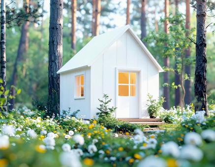 森の中の白い小屋 森の中の白い小屋の写真