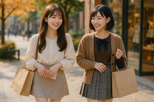 仲良く買い物する女性二人 仲良く買い物する女性二人の写真