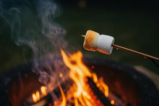 焚き火で焼かれるマシュマロと立ち上る煙 焚き火で焼かれるマシュマロと立ち上る煙の写真