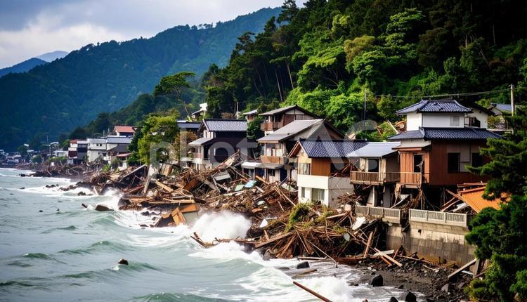大地震の後、倒れている住宅 住宅,地震,震災の写真素材