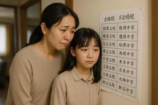 合格校と不合格校の一覧表を見る親子の写真