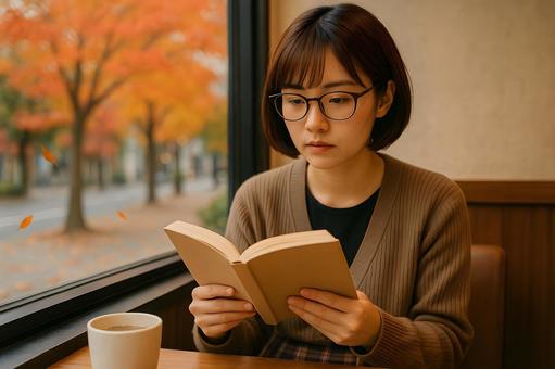 カフェで本を読む女性 カフェで本を読む女性の写真