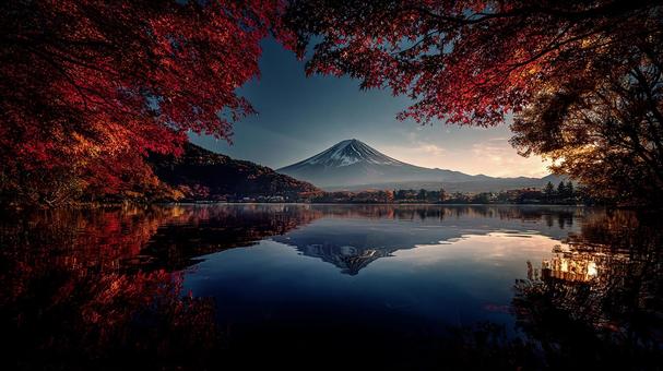 錦秋の富士山と湖の写真