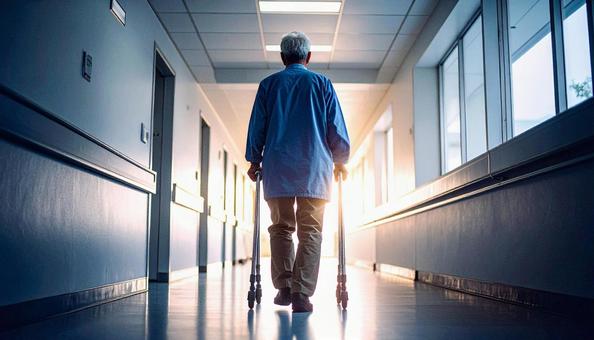 歩行器を使って病院の廊下を歩く高齢患者 歩行器を使って病院の廊下を歩く高齢患者の写真