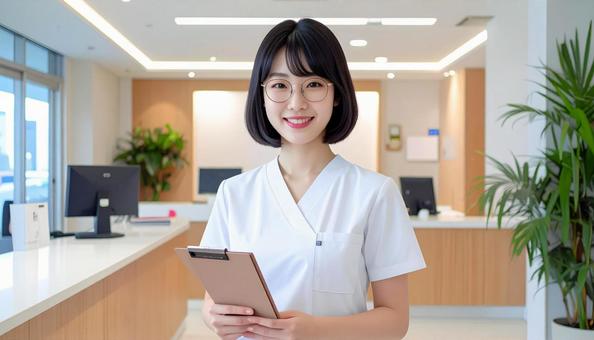 病院の受付をしている笑顔の女性の写真