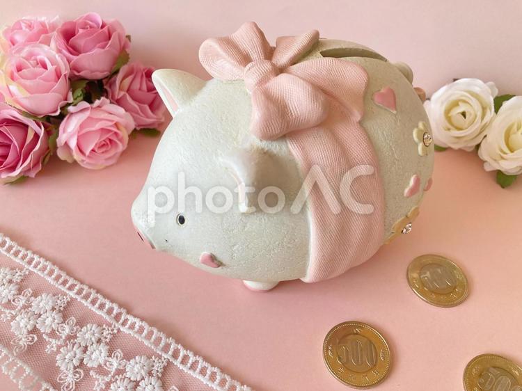豚の貯金箱と500円玉とピンクの薔薇 500円玉,500円,貯金箱の写真素材