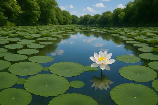 緑林の蓮池と白い蓮花 緑林の蓮池と白い蓮花の写真